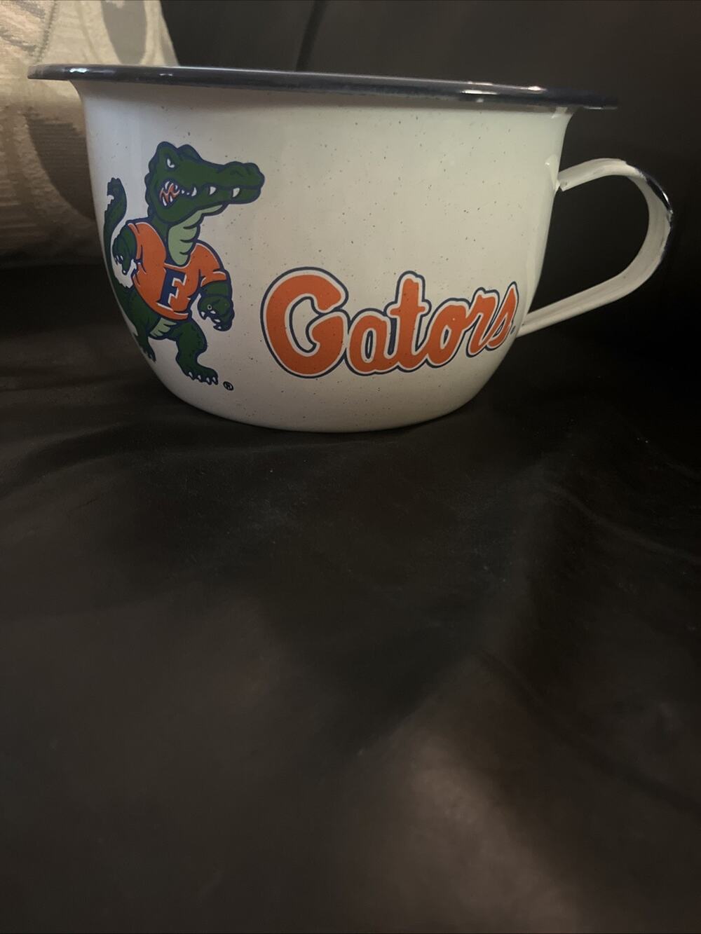 Vintage Florida Gators Enamelware Popcorn Bowl White Blue Rim Metal Lee Seed Co